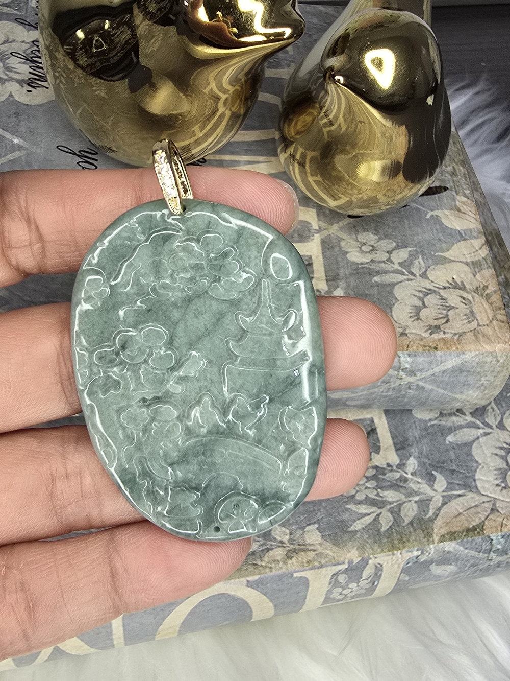 Natural Green Jade Landscape Hand Carved Pendant Necklace with Gold Bail